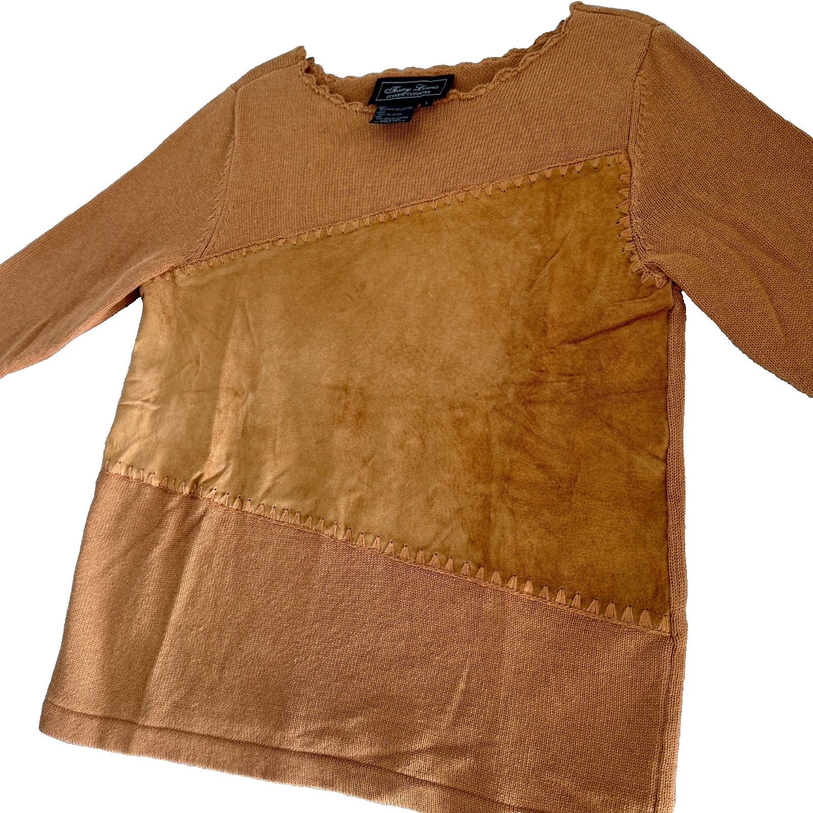 Terry Lewis Vintage Classic Luxuries Size Large Artsy Camel Leather Trim Sweater — image 2 of 8